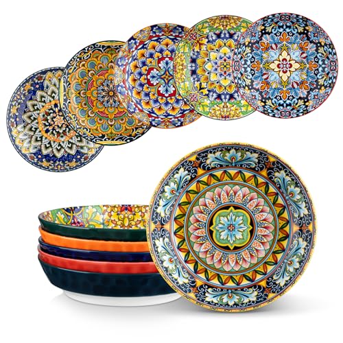 Bohemian 32 Oz Pasta & Salad Bowls Set of 6 - Vibrant Ceramic Dinnerware