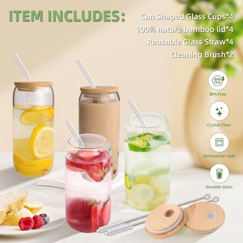 BELICOO 4PCS Glass Cups with Lids and Straws, 17oz Drinking Glasses with Bamboo Lids and Glass Straw, Ice Coffee Cups Glasses Set for Beer, Cocktail, Tea, Coke, Juice, Soda