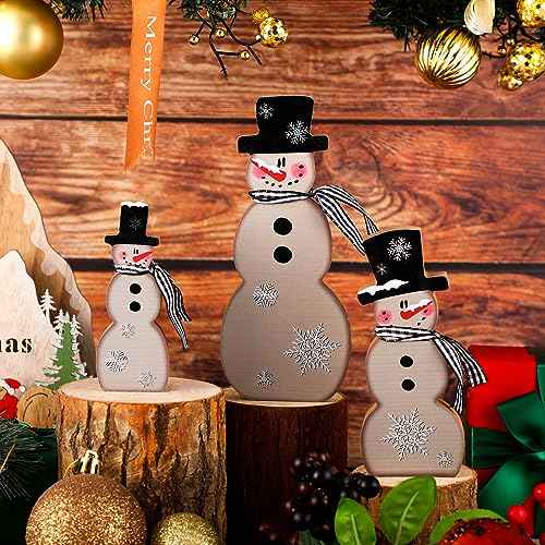 Suzile 3 Pcs Christmas Snowman Tabletop Decor Winter Wooden Table Decorations Rustic Snowman Table Centerpieces Farmhouse Winter Block Sign for Home Fireplace Mantel Holiday Party