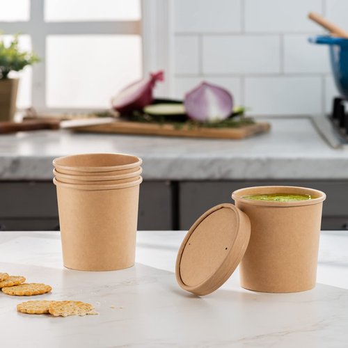 GUSTO [16 oz. - 50 Count Kraft Paper Food Containers with Vented Lids - To Go Hot Soup Bowls, Disposable Ice Cream Cups, Ideal for Hot and Cold Foods- (Formerly Comfy Package)