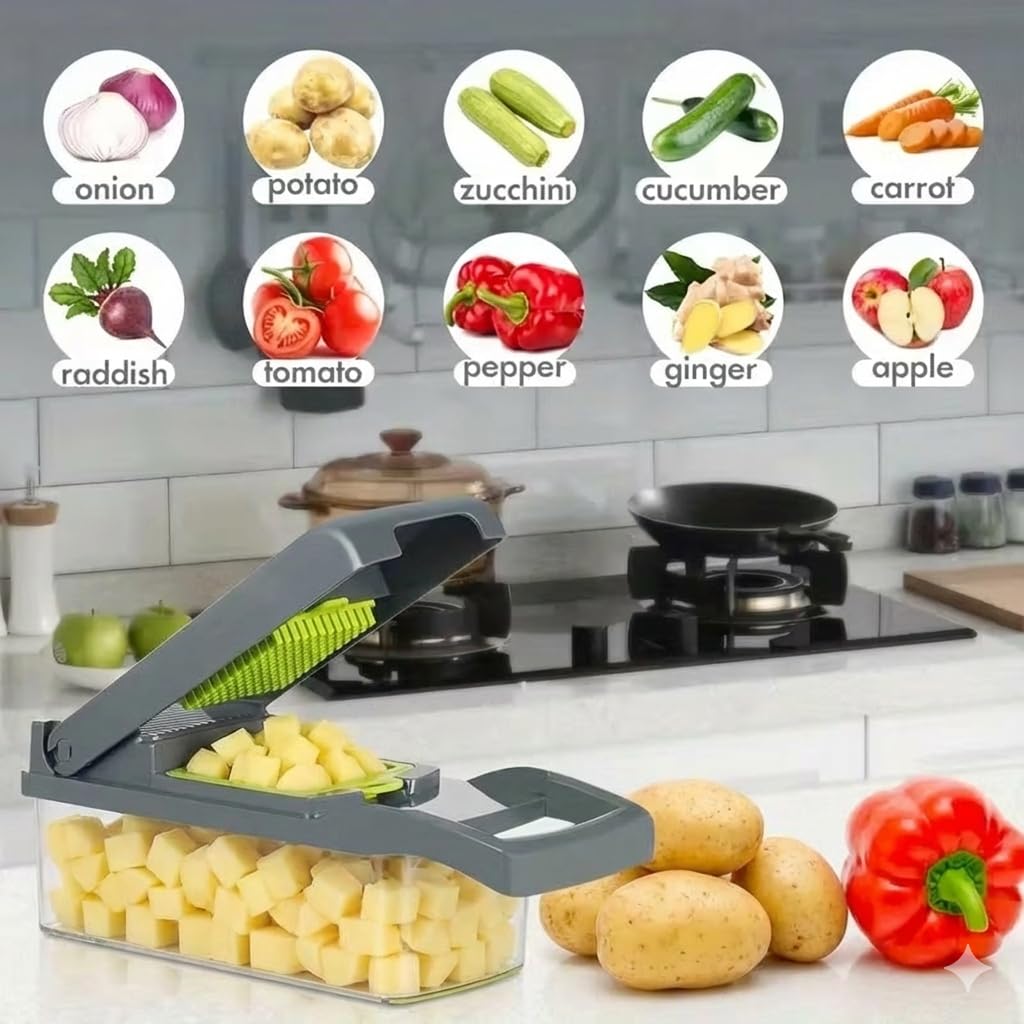 Vegetable Chopper, All in One Vegetable Chopper, 16 Blade Slicer for Kitchen, Food Chopper, Vegetable Slicer and Spiralizer, Cutter, Dicer, Grater, Kitchen Gadgets Sets with Container,