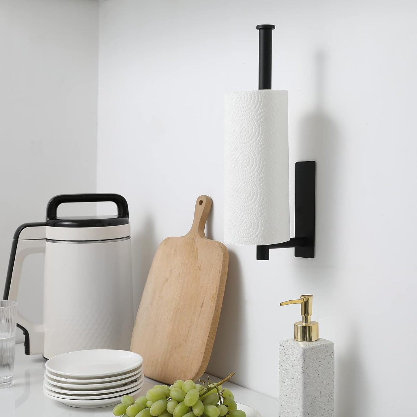Theaoo Paper Towel Holder - Under Cabinet Adhesive Rack for Kitchen & Bathroom | Matte Black SUS304 Stainless Steel