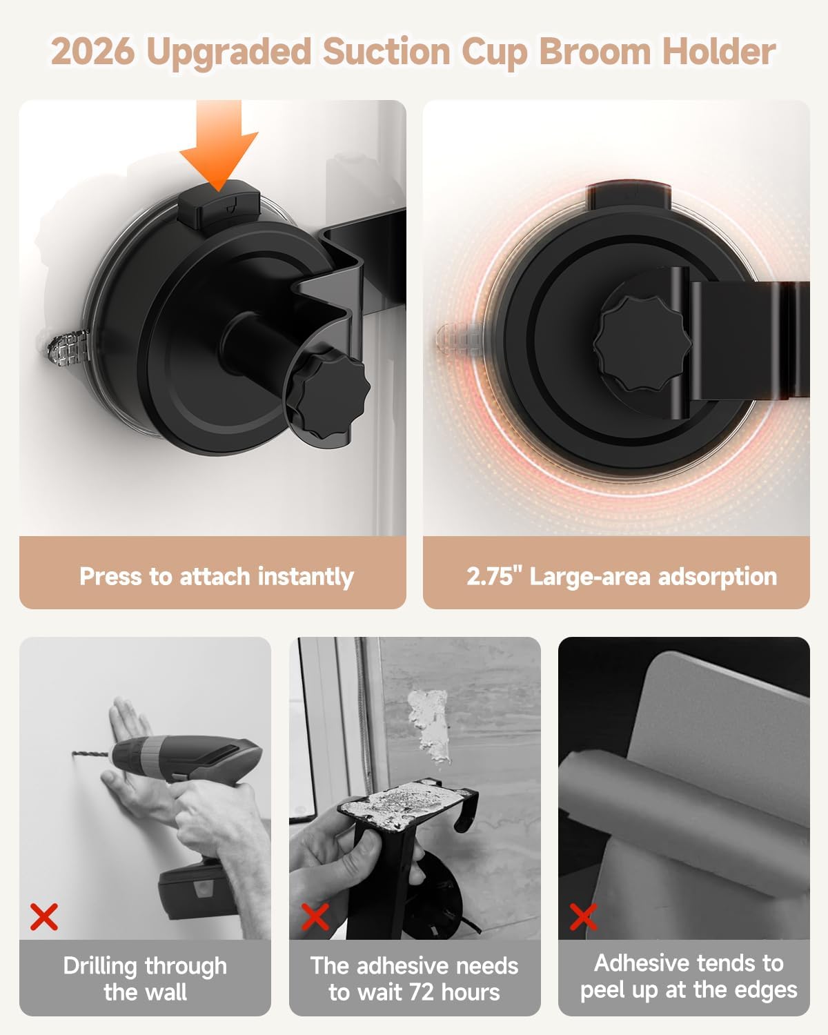 Upgrade Broom Holder Wall Mount by 2026 - Suction Cup Organizer with 4 Racks & 3 Hooks for Home