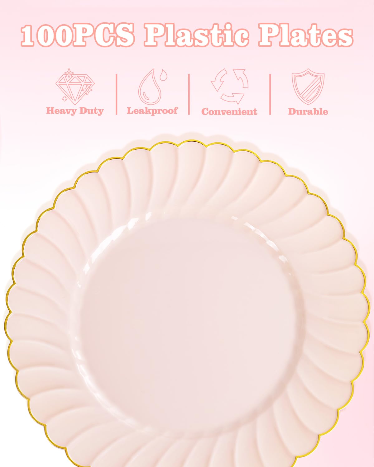 YOUBET 100PCS Pink Scalloped Plastic Plates - Heavy Duty Gold Disposable Fancy Hard Plates Include 50 Dinner Plate, 50 Dessert Plate, for Wedding & Party Mothers Day