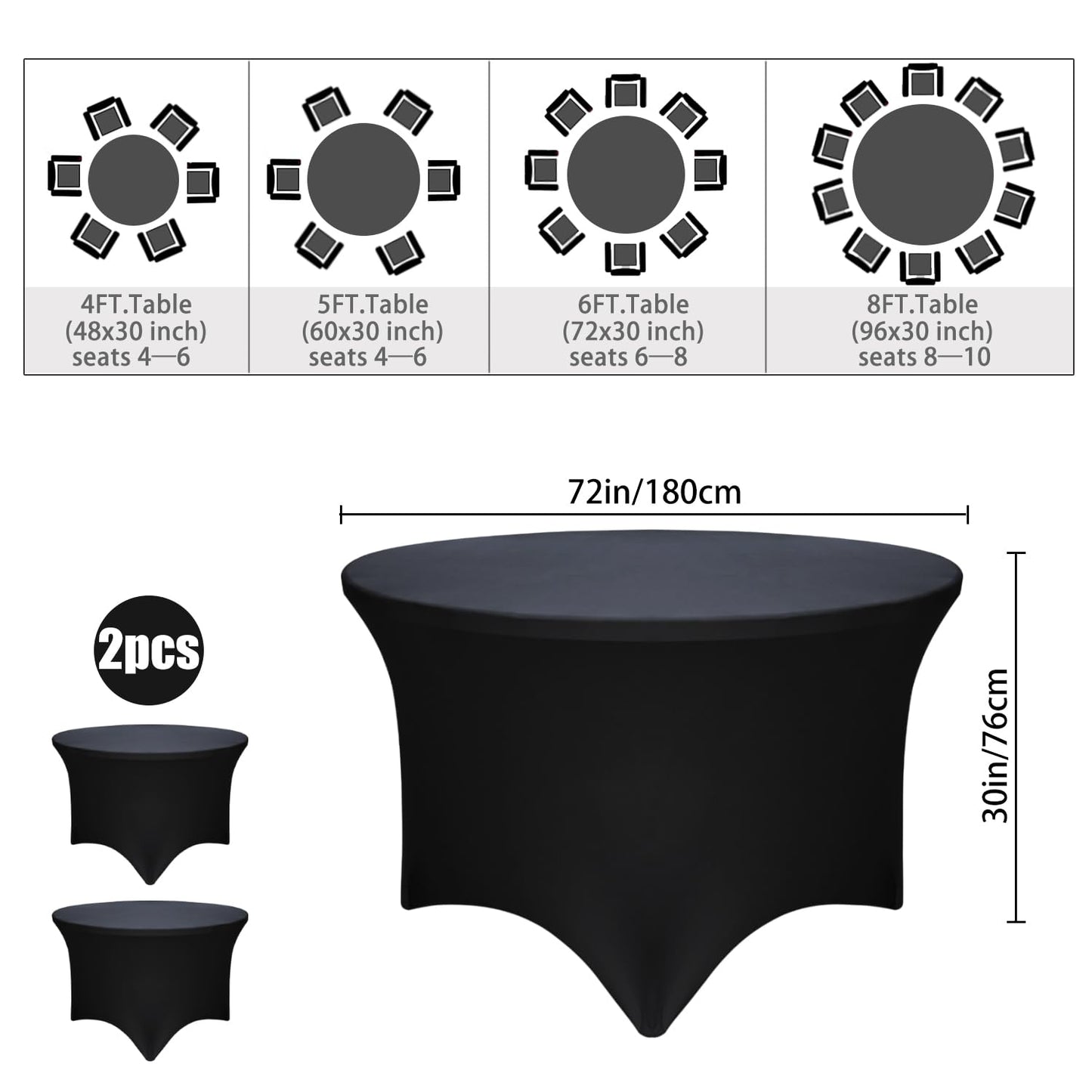 Yoquare 2 Pack Black 72-Inch Diameter x 30-Inch High Round Spandex Tablecloth for 6FT Round Tables|Fitted Stretch Tablecloth with Foot Bag for Party, Wedding, Birthday, Banquet, Vendor Stand