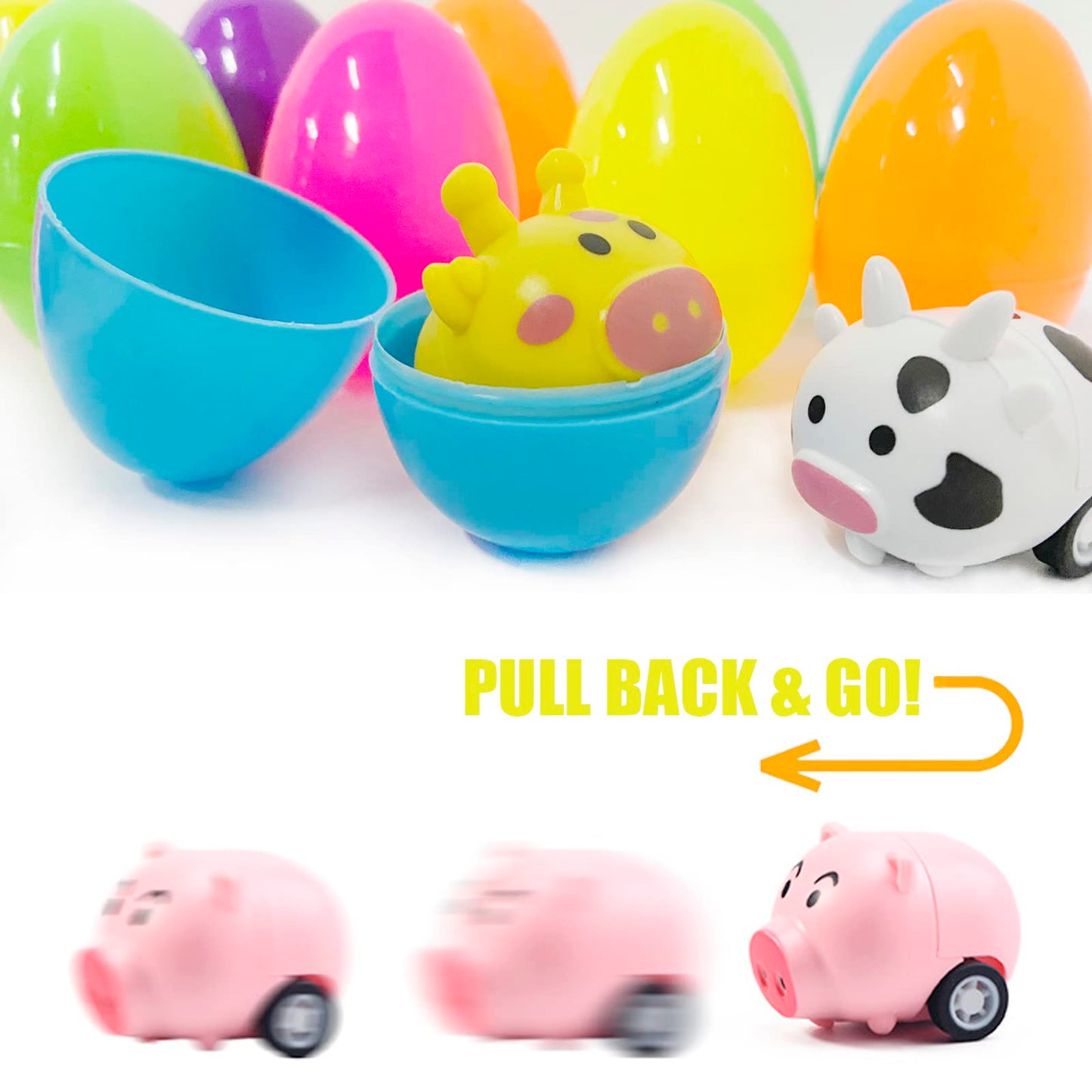 BAINFE 12PCS Easter Eggs with Pull Back Car Toys, Plastic Eggs with Cartoon Animal Vehicles for Kids Easter Egg Hunts, Easter Basket Stuffers Fillers, Easter Party Favor Classroom Prize Supplies