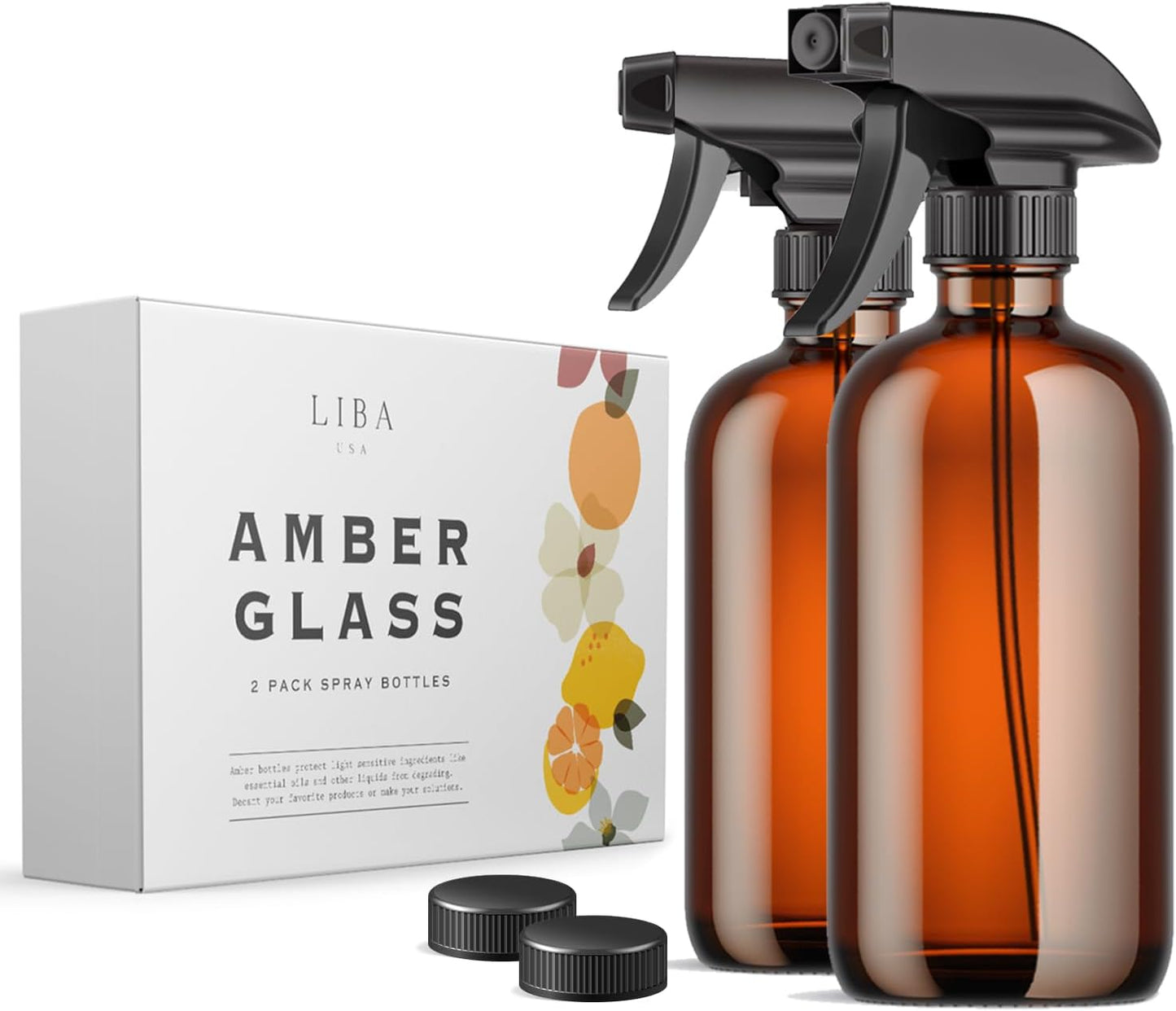 LiBa Amber Glass Spray Bottles - 16 oz Refillable Spray Bottles for Cleaning & Essential Oils | Adjustable Nozzle