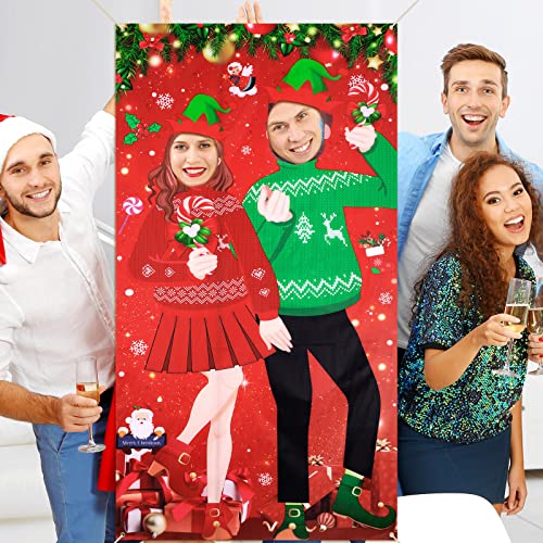 Giant Christmas Photo Booth Backdrop Banner with Face Cutouts - 6x3 ft Holiday Party Decor
