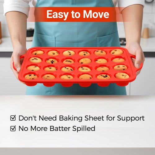 CAKETIME Silicone Mini Muffin Pan, Metal Reinforced Frame 24 Cups Mini Muffin Tin with Handles BPA Free Muffin Silicone Molds for Baking Muffins, Cupcakes, Egg Bites 2 Pack, Red
