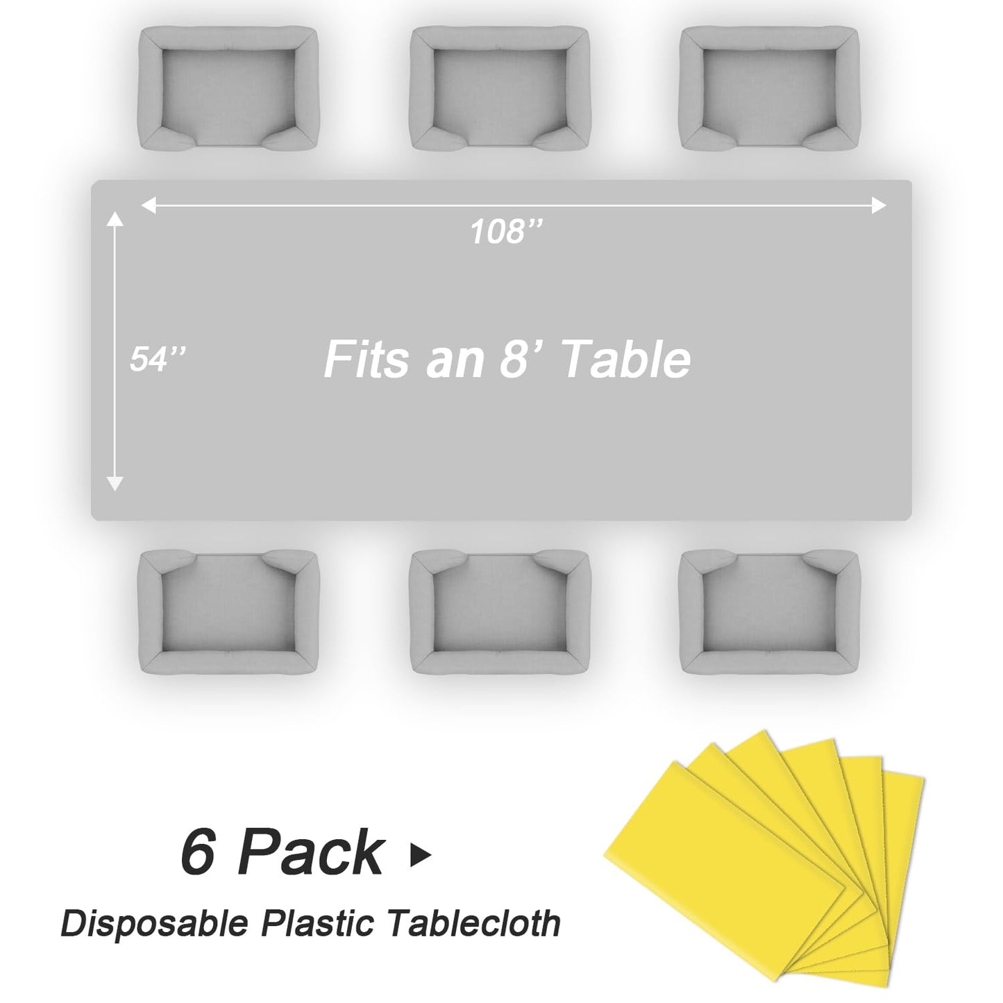 QIKSION Yellow Plastic Table Cloth Disposable 6 Pack, 54 x 108 Inch Tablecloths for Birthday Party, Easter Decorations, Rectangle Table Cover