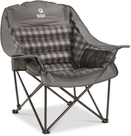 Guide Gear Oversized Padded Camping Chair - Portable Folding Lounge for Adults | Heavy-Duty 400 lb Capacity, Gray Plaid