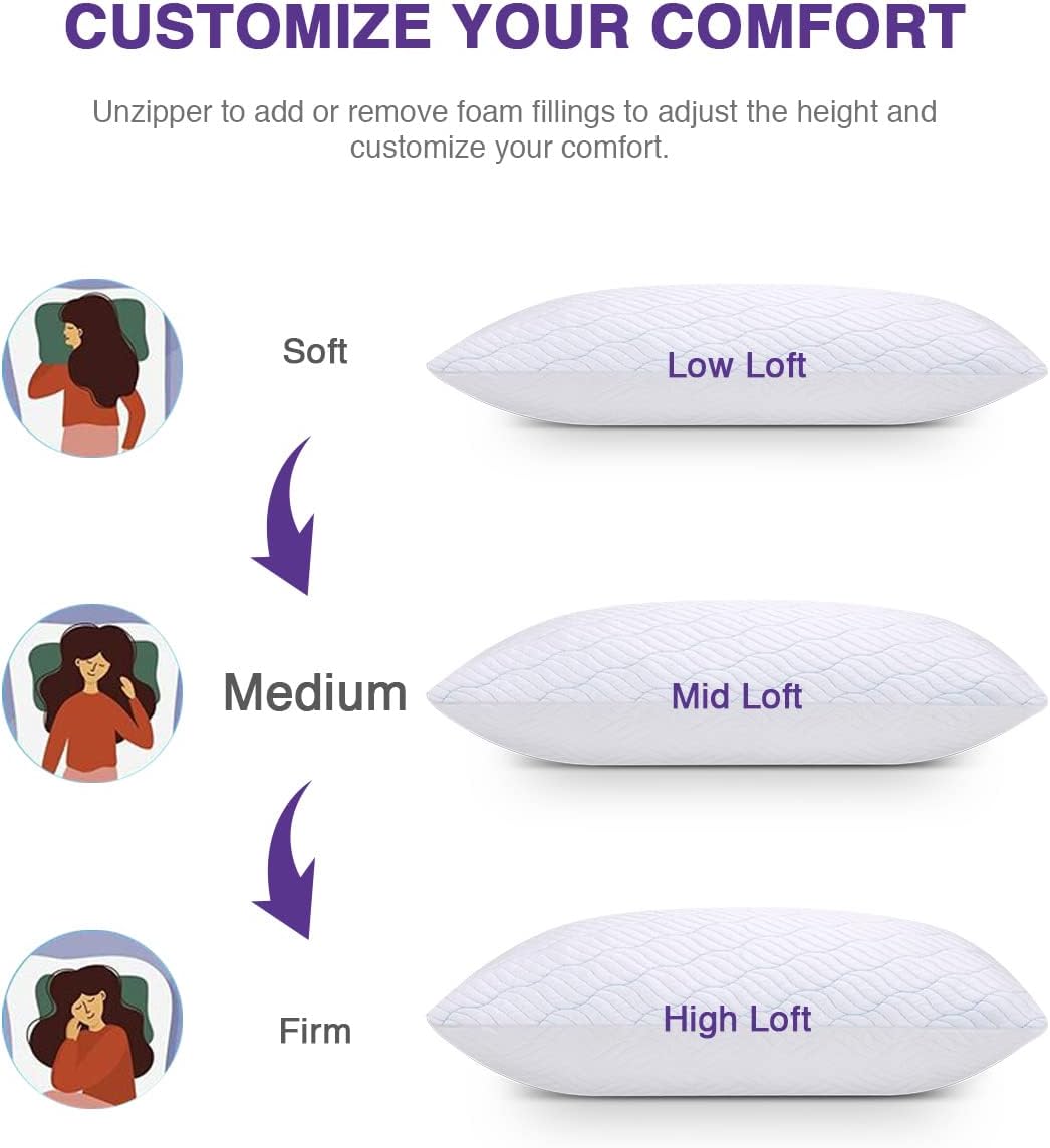 WISHSMILE Cooling Memory Foam Pillows - Adjustable Firmness for All Sleep Positions | Queen Size Set of 2 (20x30)