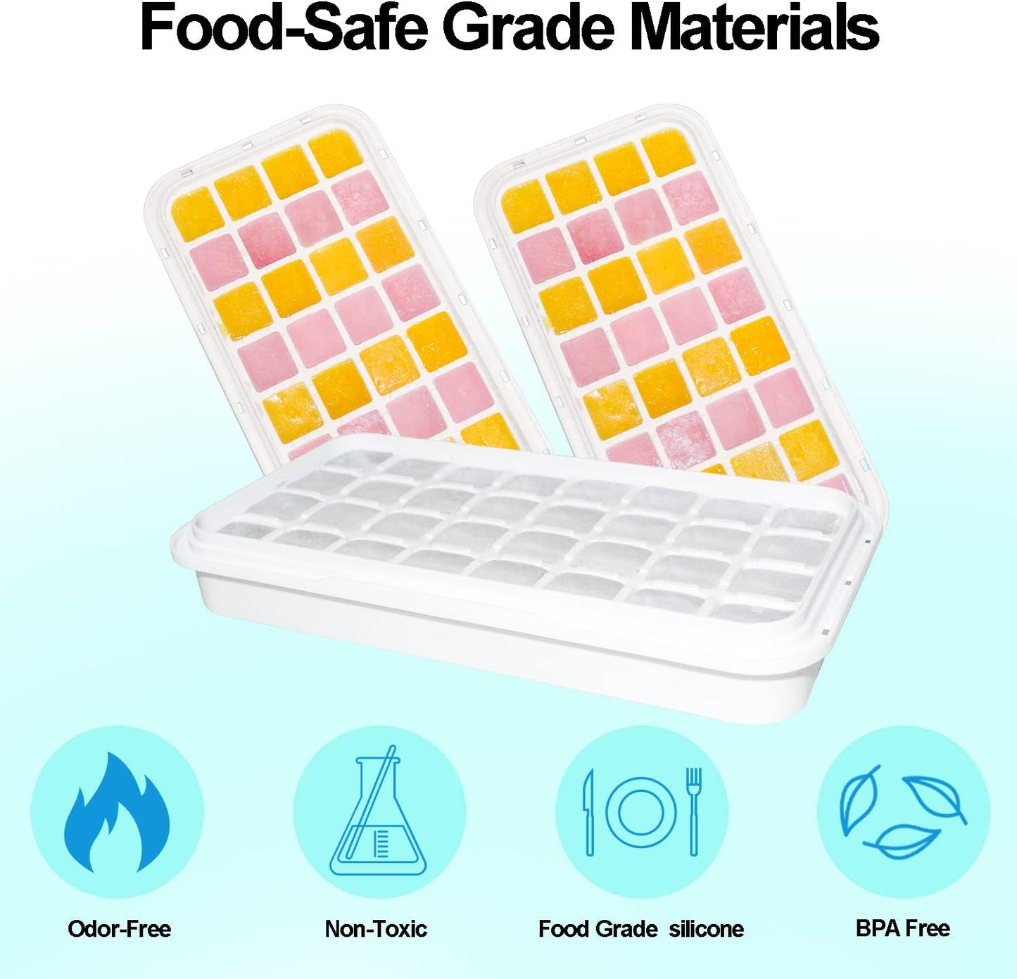 Skiennix Ice Cube Trays - 2-Tier Freezer Set with Bin, Scoop, and Press Plate, Lid Included