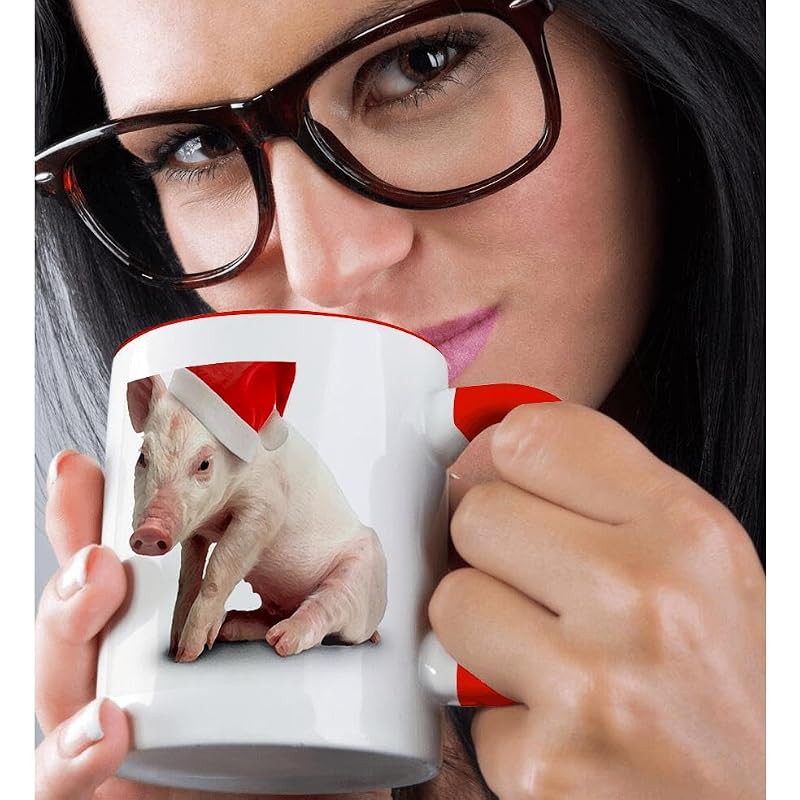 3dRose Christmas Pig 15oz Two-Tone Red Ceramic Mug - Festive Holiday Coffee Cup