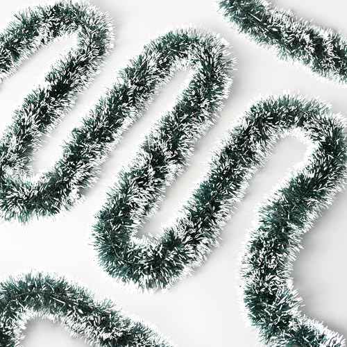 50FT Christmas Tinsel Garland Metallic Twist Shiny Christmas Tree Decorations, Xmas Holiday Hanging Garland for Home Mantle Stair Indoor Outdoor Party Supplies Decor- Green White