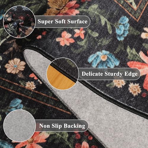 6x9 Vintage Floral Area Rug - Washable Faux Wool Living Room Carpet - Black