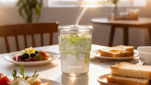 BLUEPOLAR 13oz/400ml Glass Water Tumbler with Straw and Lid Sealed Carry On Thick Wall Iced Coffee Cup Glass Cup for Water, Iced Tea Fruit Juice Etc(Aurora White