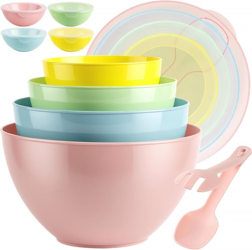 16-Piece Plastic Mixing Bowls Set by [Brand Name] - Nesting Bowls with Lids, 2-in-1 Spoon-Fork, Dishwasher & Microwave Safe