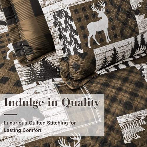Bear Brown Reversible California King Quilt Set with Sham, Rustic Farmhouse Bedding