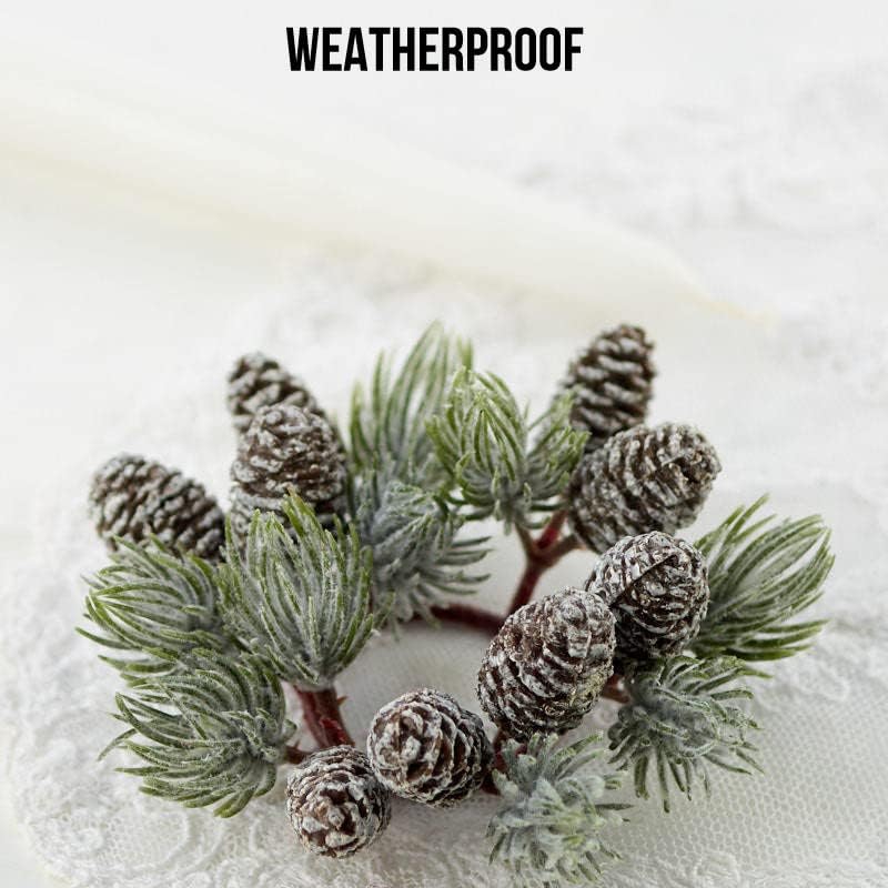 Skiennix Artificial Pine & Pinecone Candle Rings - Pack of 6 Faux Snowy Pine Decor