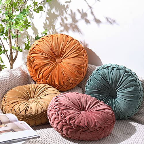 Kathfly Velvet Pleated Round Throw Pillows - Pumpkin Style, 4 Colors, 14x14 Inches - Orange, Yellow, Pink, Green