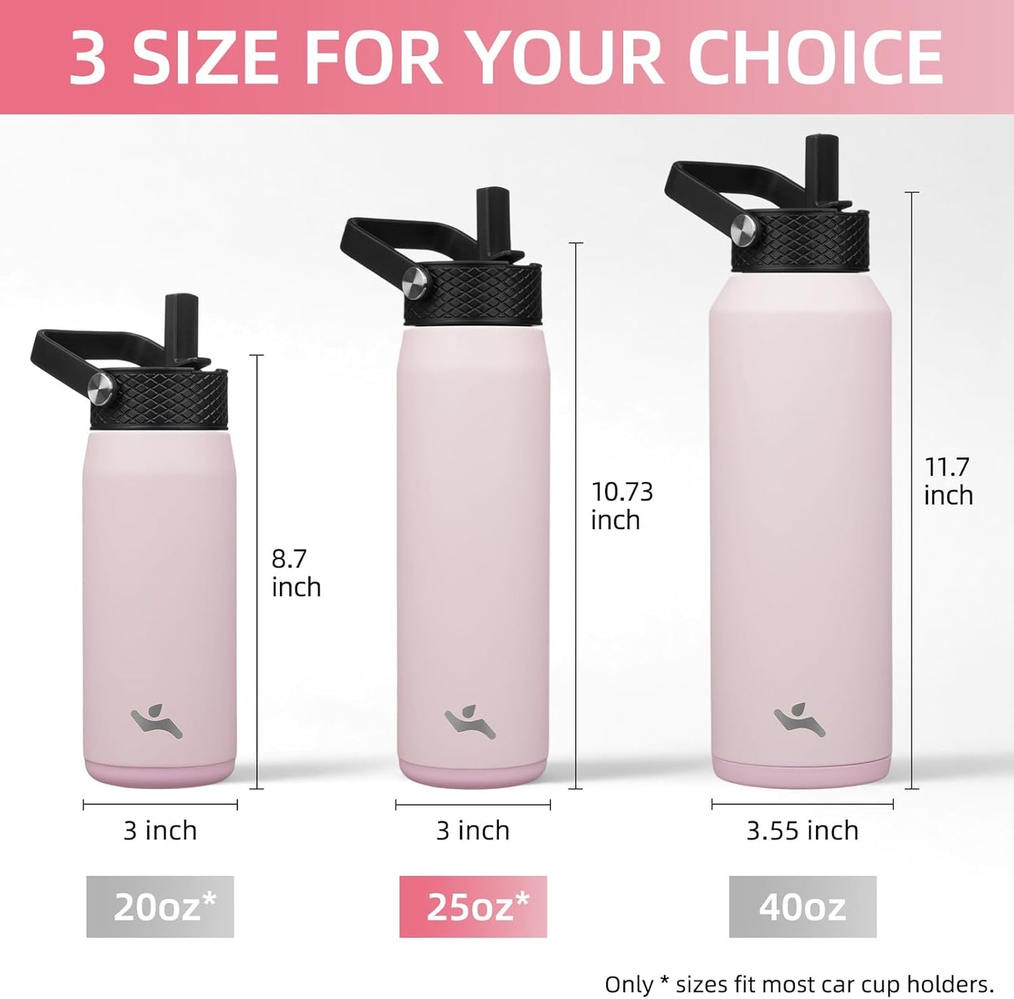 Skiennix 25oz Insulated Stainless Steel Water Bottle - Leakproof BPA-Free with 3 Lids | Pink