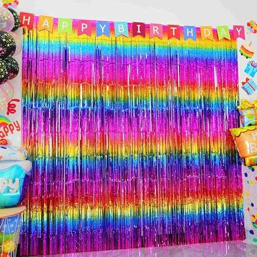 Sparkly Neon Rainbow Foil Fringe Curtain Backdrop Metallic Streamers Photo Booth Props for Birthday Bachelorette Gay Pride Day Graduation Wedding 80s 90s Disco Party Decorations- 2 Packs (3.3x6.6Ft)