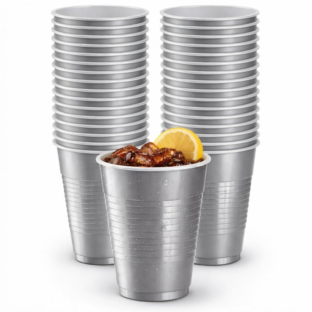 Silver Solid Color Premium Heavy Weight Plastic Cup (18 Oz.) 50 Count - Elegant & Durable, Perfect for Parties, Weddings & Everyday Use