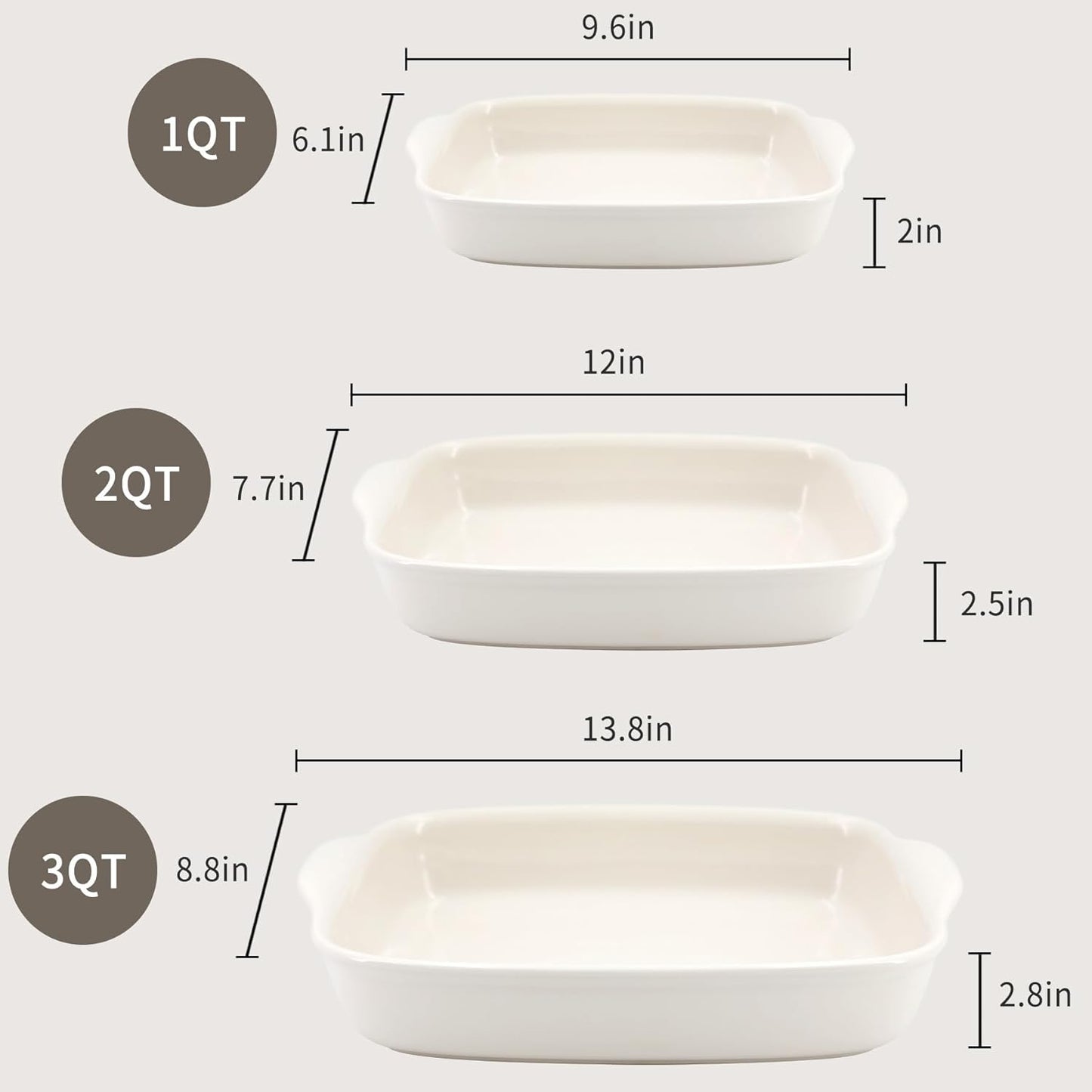 Skiennix 3-Pack Ceramic Baking Dishes Set - Heavy-Duty Oven-Safe Stoneware | Deep Rectangular Casserole Pans (13.8''/12''/9.6'' Pure Off-White)