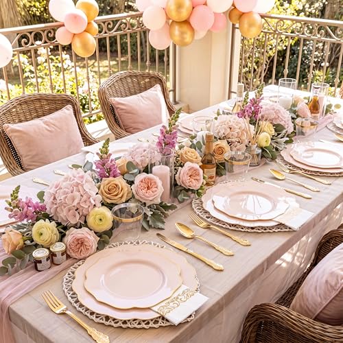 Pink 175-Piece Disposable Party Set with Gold Cutlery & Napkins - 25 Guests