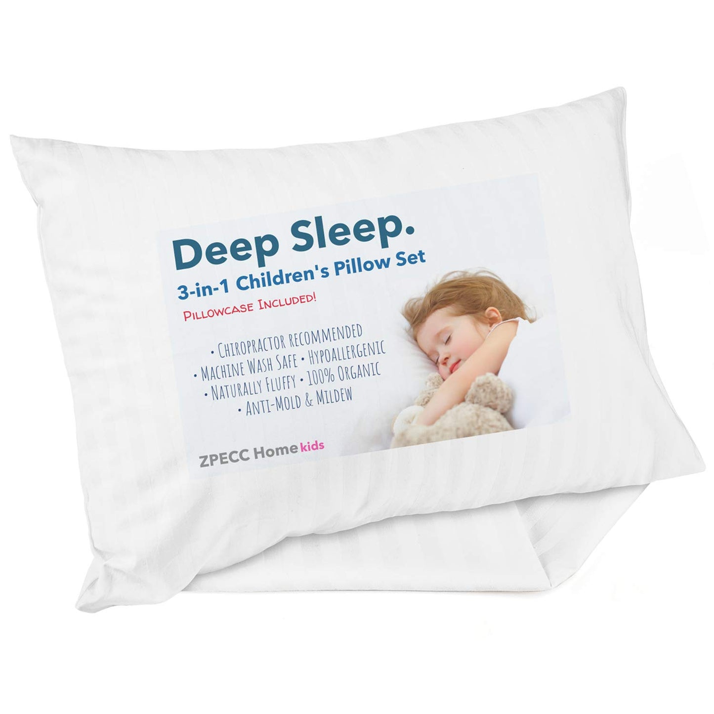 ZPECC Toddler Pillow - Hypoallergenic Organic Cotton 13x18 Kids Pillow with Pillowcase | White Stripe, Ideal for Travel & Daycare