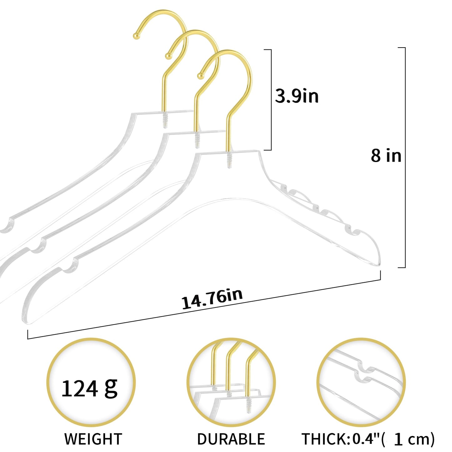 Acrylic Hangers Clear and Gold Premium Quality Clothes Hangers Standard Clothing