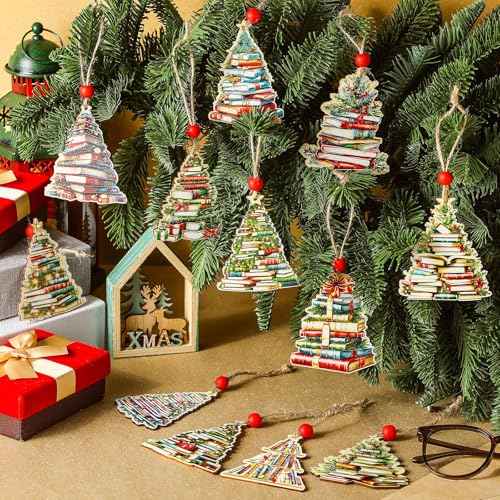 12 Pcs Christmas Tree Ornament Book Lovers Gifts Christmas Decoration Wooden Crafts 3D Design Hanging Decor for Xmas Decoration (Book Shaped)