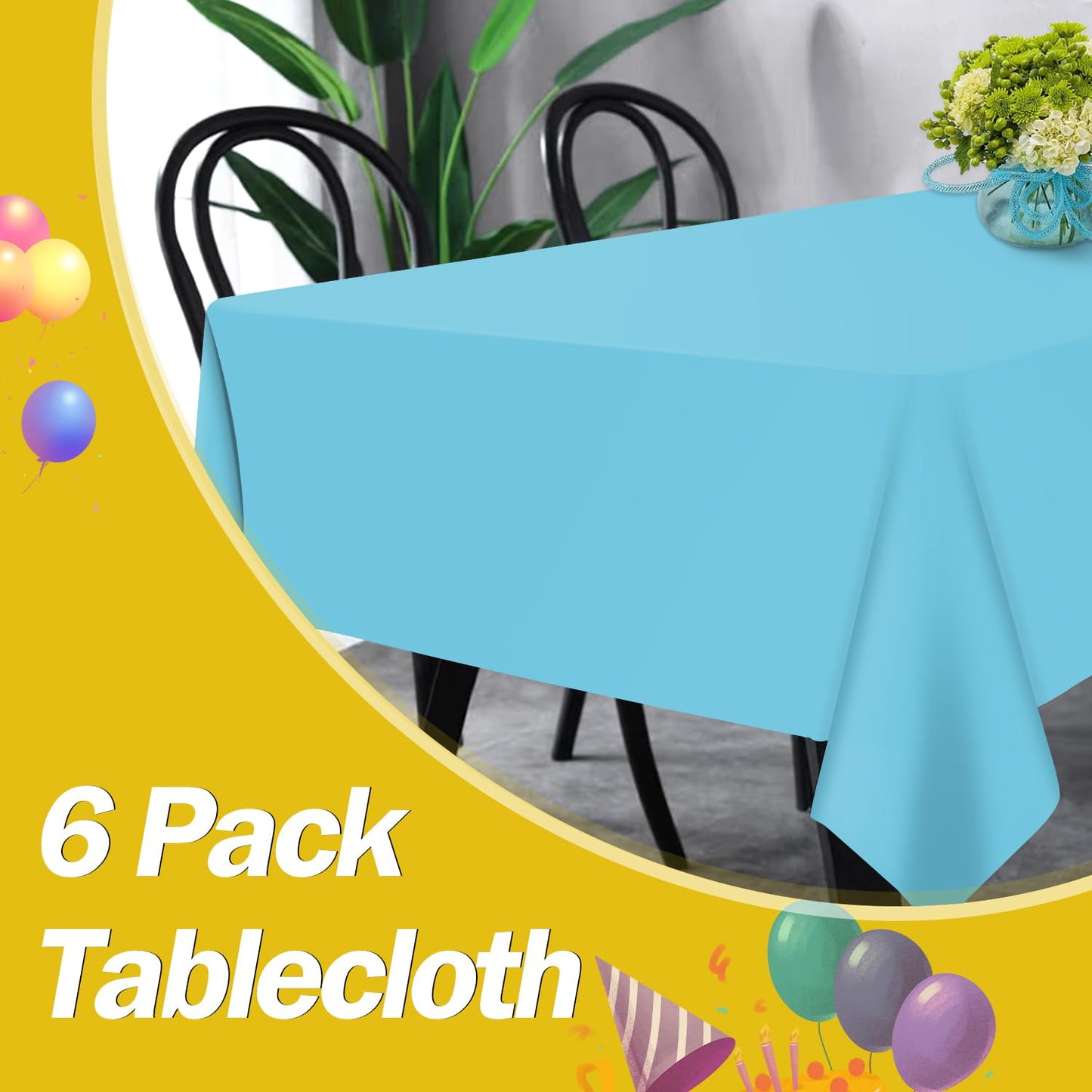 tujol Light Blue 6 Pack Plastic Table Cloth 54" x 108", Disposable Tablecloths Rectangle Table Cover, Plastic Tablecloths for Parties