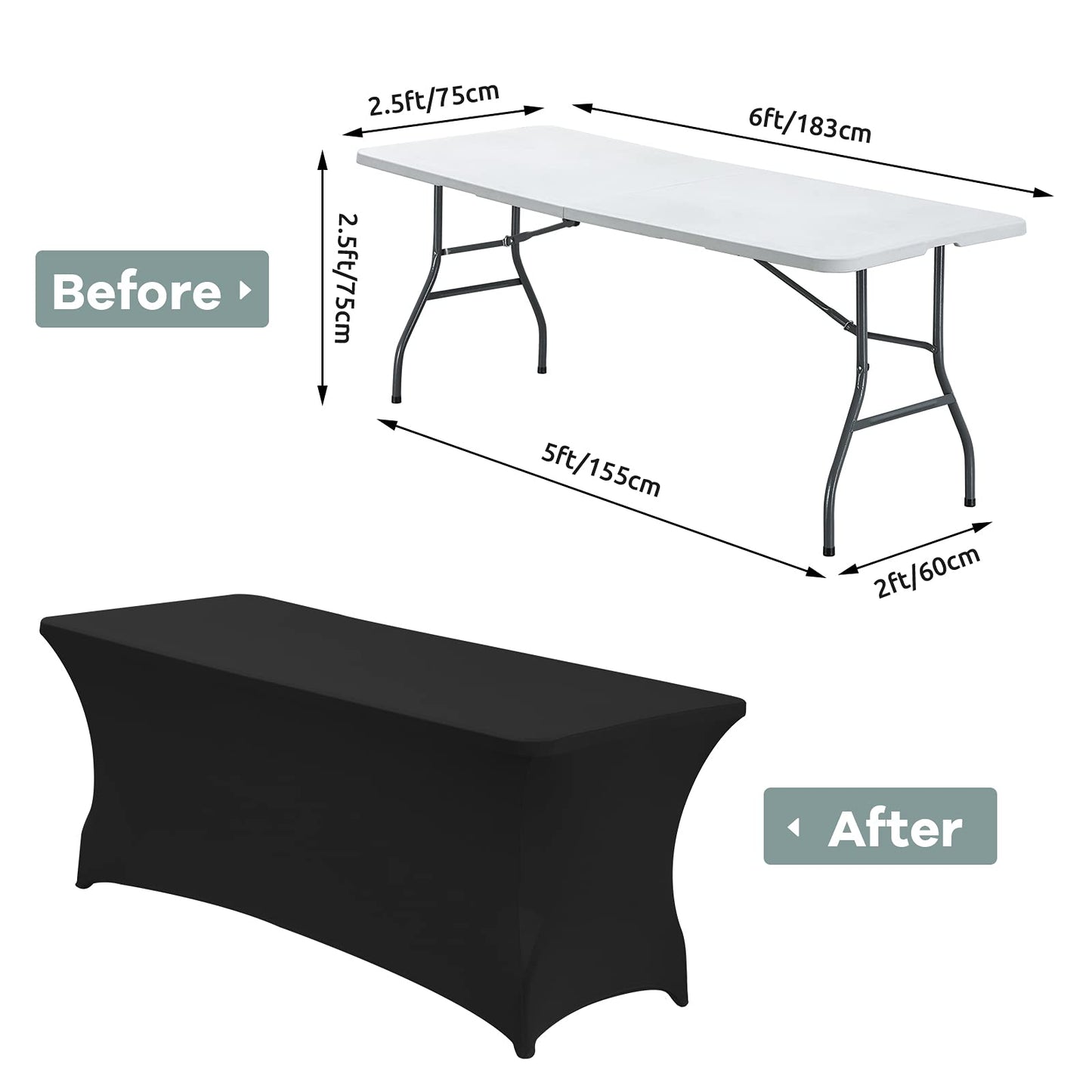 CWK 6FT 2Pcs Stretch Spandex Table Cover for Rectangular Tables - Elastic Fitted Tablecloth for Folding Tables, Wrinkle Resistant, Durable Table Protector for Parties,Weddings,Banquets &Events (Black)