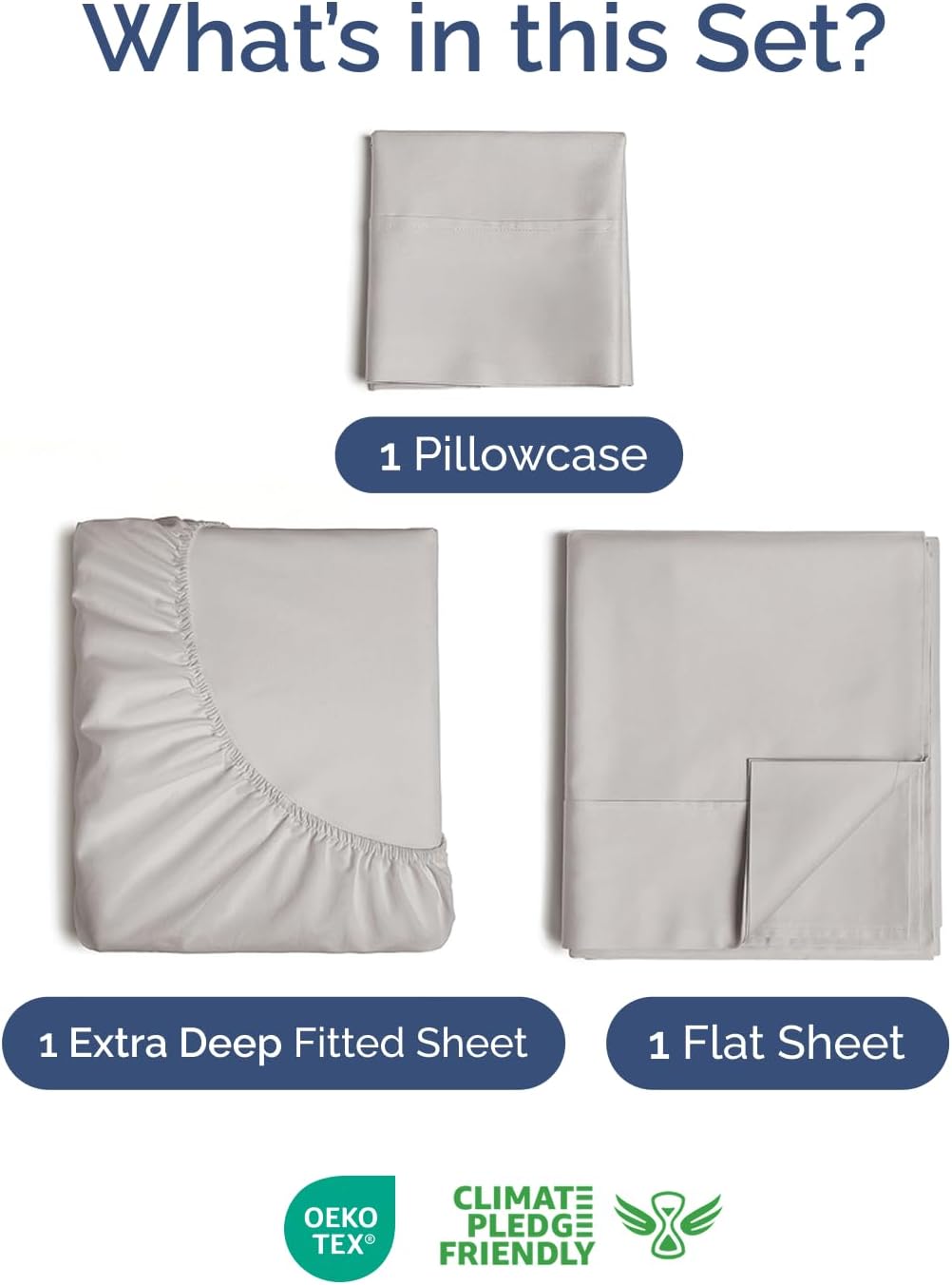 Regine Switzerland Extra Deep Pocket Twin XL Sheet Set - 3-Piece Breathable & Cooling Bedding - Soft, Fade & Wrinkle Resistant - Light Grey