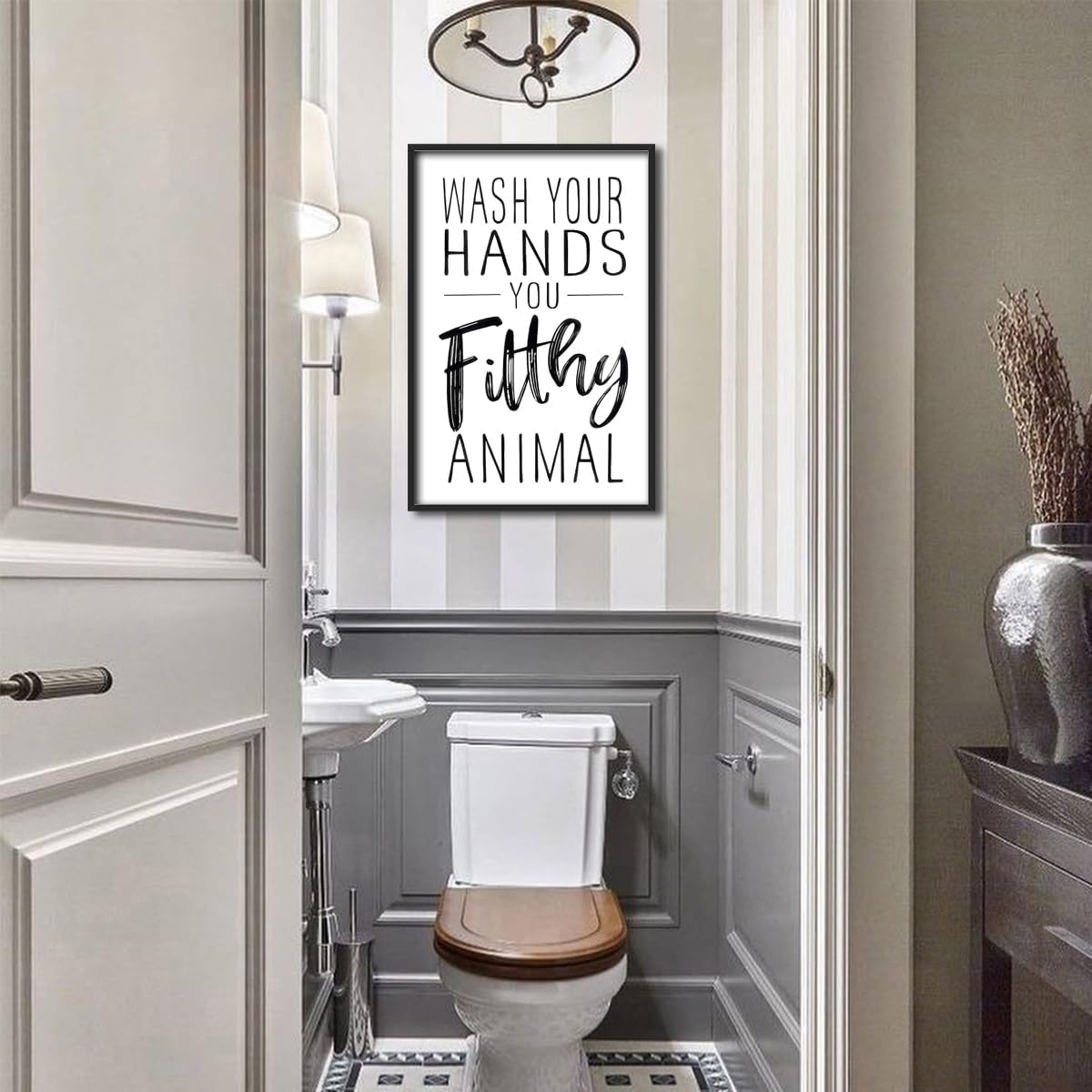 Skiennix Framed Black And White Bathroom Wall Art - Funny Wash Your Hands Poster | Modern Minimalist Decor