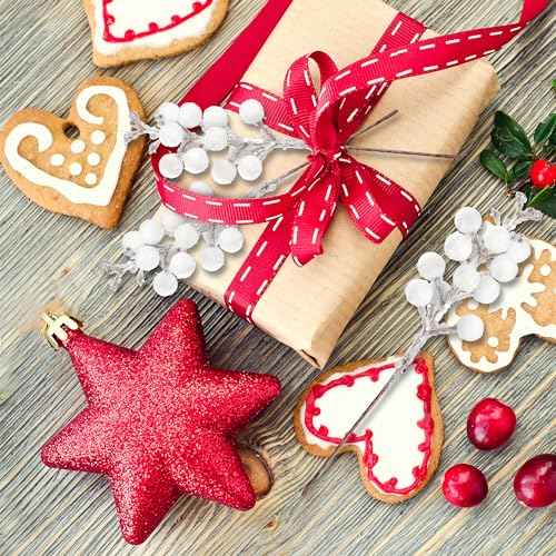 Sggvecsy 30Pcs Christmas Glitter Berries Stems Artificial Red Berry Branches Holly Picks Stems Christmas Tree Ornaments for DIY Xmas Wreath Crafts Gifts Holiday Home Decor (White)