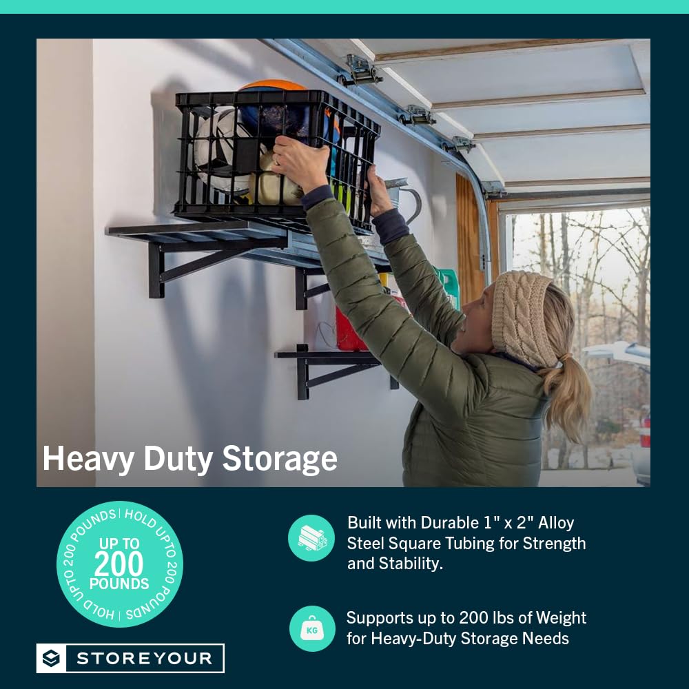 StoreYourBoard Garage Shelving Wall Mounted | 1x2 Heavy Duty Wall Mounted Shelves 2-Pack, 12.5” Wide x 27.25” Long x 6” High | Steel Wall Shelf Garage Storage, 100 lb Each/200 lb Total Capacity, Black