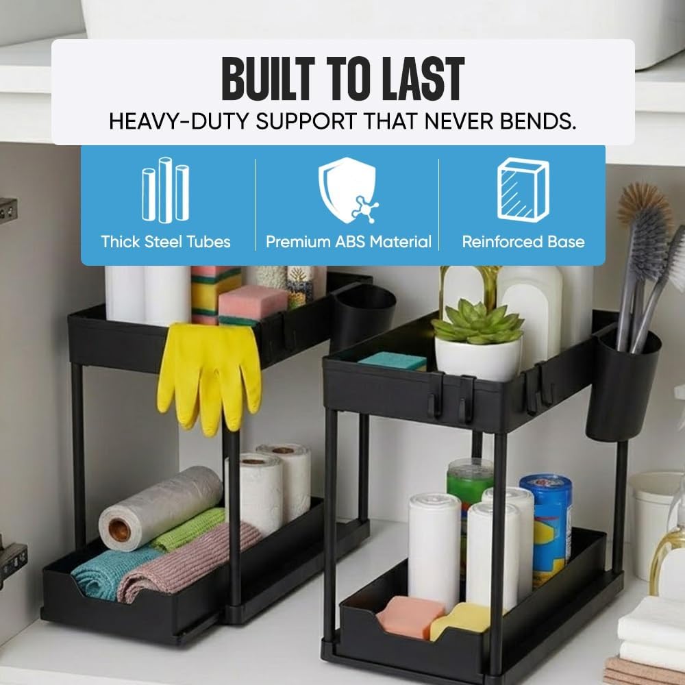 Undersink Organizer - 2-Tier Storage Rack with Sliding Drawers for Kitchen & Bathroom - Black