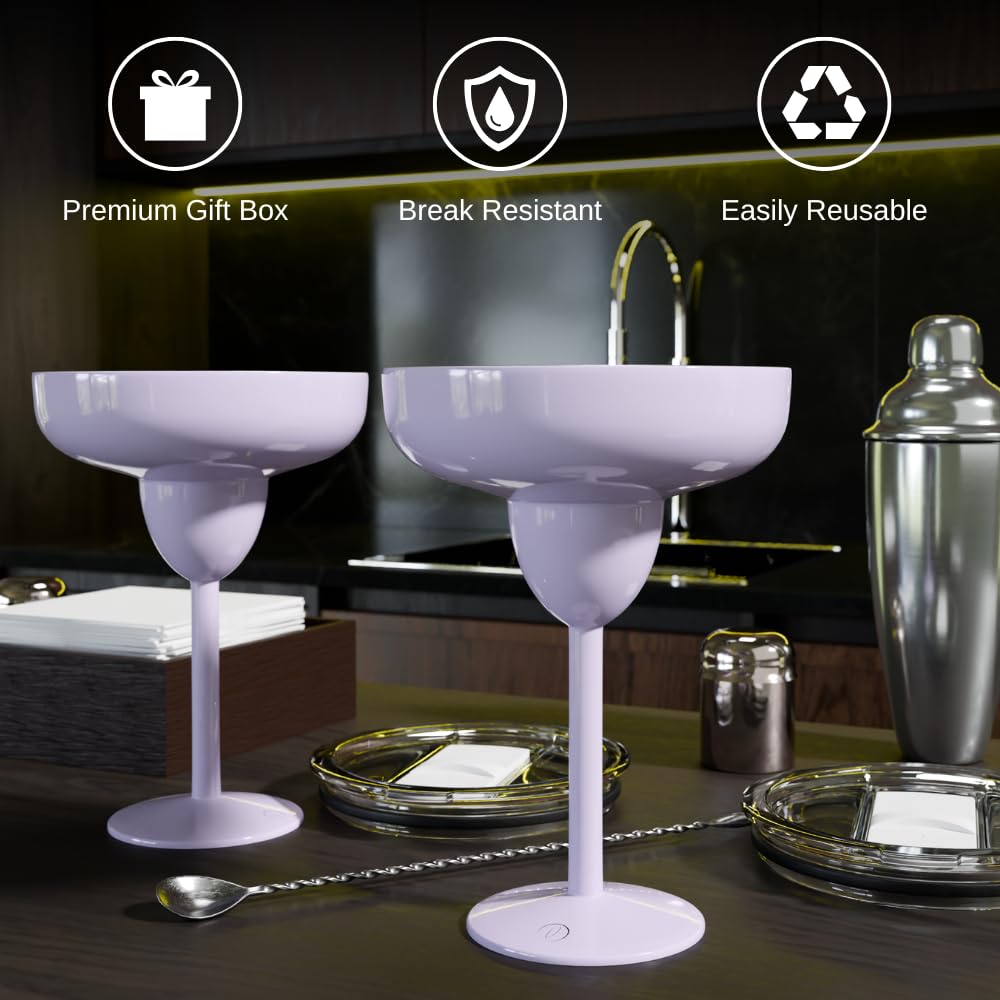 Mother’s Day Gift for Mom – Set of 2 Lilac Insulated Stainless Steel Margarita Glasses with Lid, Unbreakable Cocktail Tumbler Set, Keeps Drinks Cold, Gift for Women Wife Friend