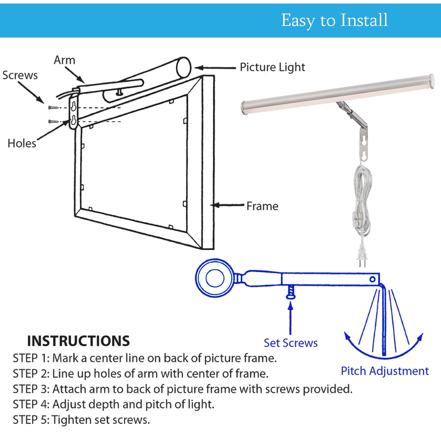 Ciata Picture Light, 14-Inches Picture Frame Light Integrated LED Art Light, 3000K 4 Watt Adjustable ‎Metal Picture Lights for Wall, Artwork Light with in-line On/Off Switch, CRI -90, Brushed Nickel