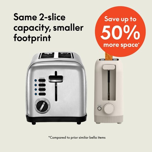 Bella 2 Slice Slim Toaster - 6 Setting Shade Control, Reheat & Cancel Buttons, 10” Long Slot, Oatmilk