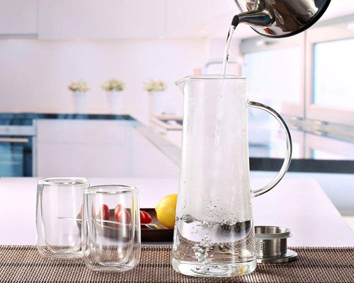 Hwagui - Heat Resistant Glass Pitcher with Stainless Steel Lid, Water Carafe with Handle, Good Beverage Pitcher for Homemade Juice and Iced Tea, 1600ml/53oz