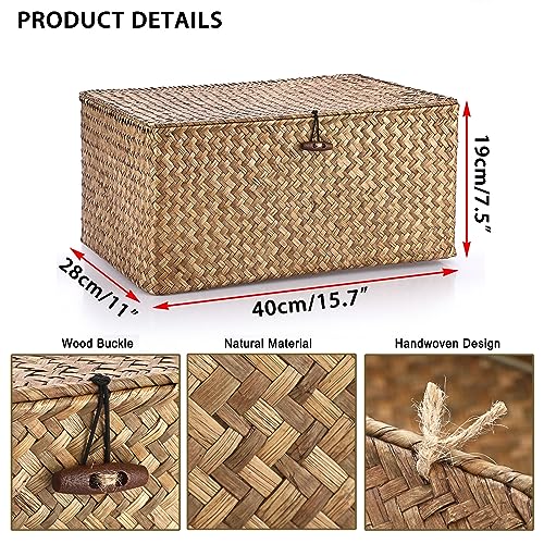 Hipiwe Wicker Shelf Baskets Bin with Lid Woven Storage Box, Coffee
