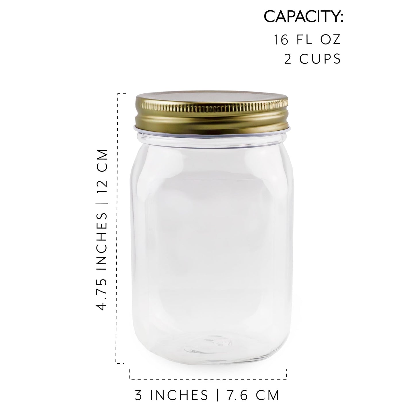 Cornucopia Brands 16oz Clear Plastic Mason Jars (8-Pack, Gold Metal Lids); PET BPA-Free Mason Style w/One Piece Lids, 2-Cup/Pint Capacity