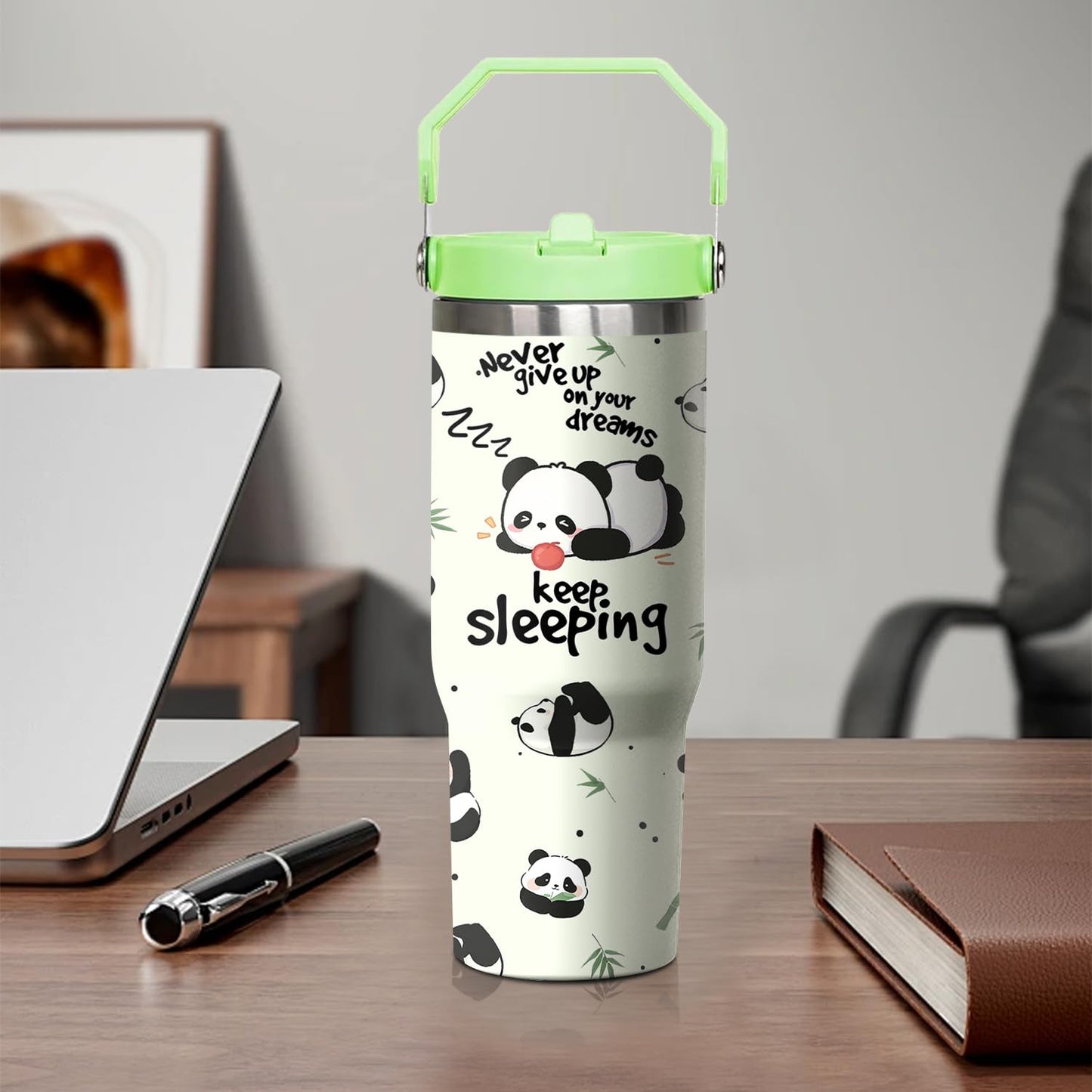 Xchearser Panda Tumbler with Handle and Flip Straw, 30oz Travel Coffee Mug Water Bottle with Lid, Stainless Steel Insulated Cup, Birthday Gifts for Women Animal Lovers