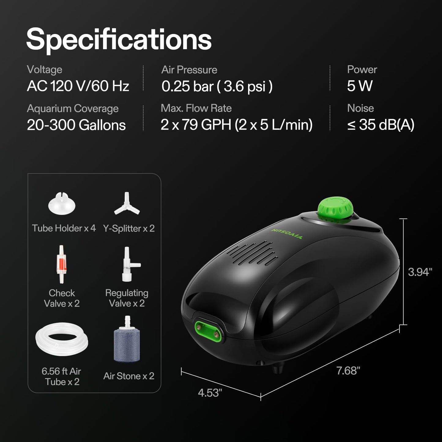 VIVOSUN Aquarium Air Pump Kit, with 160 GPH Dual-Outlet Air Pump and Complete Accessories, Ultra-Quiet, Adjustable Aquarium Aerator for 20-300 Gallons Fish Tanks
