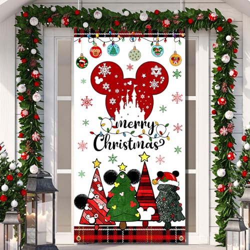 Mouse Christmas Door Cover Decoration,Merry Christmas Door Hanging Backdrop for 2023 Cartoon Mouse Theme Xmas Winter Holiday Supplies