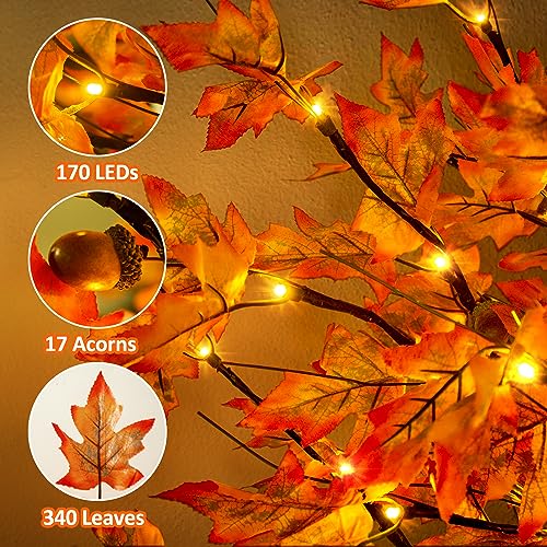 Remon 7FT Fall Maple Tree Light 170 LEDs with 17 Acorns, Remote, 8 Modes, Outdoor Decor